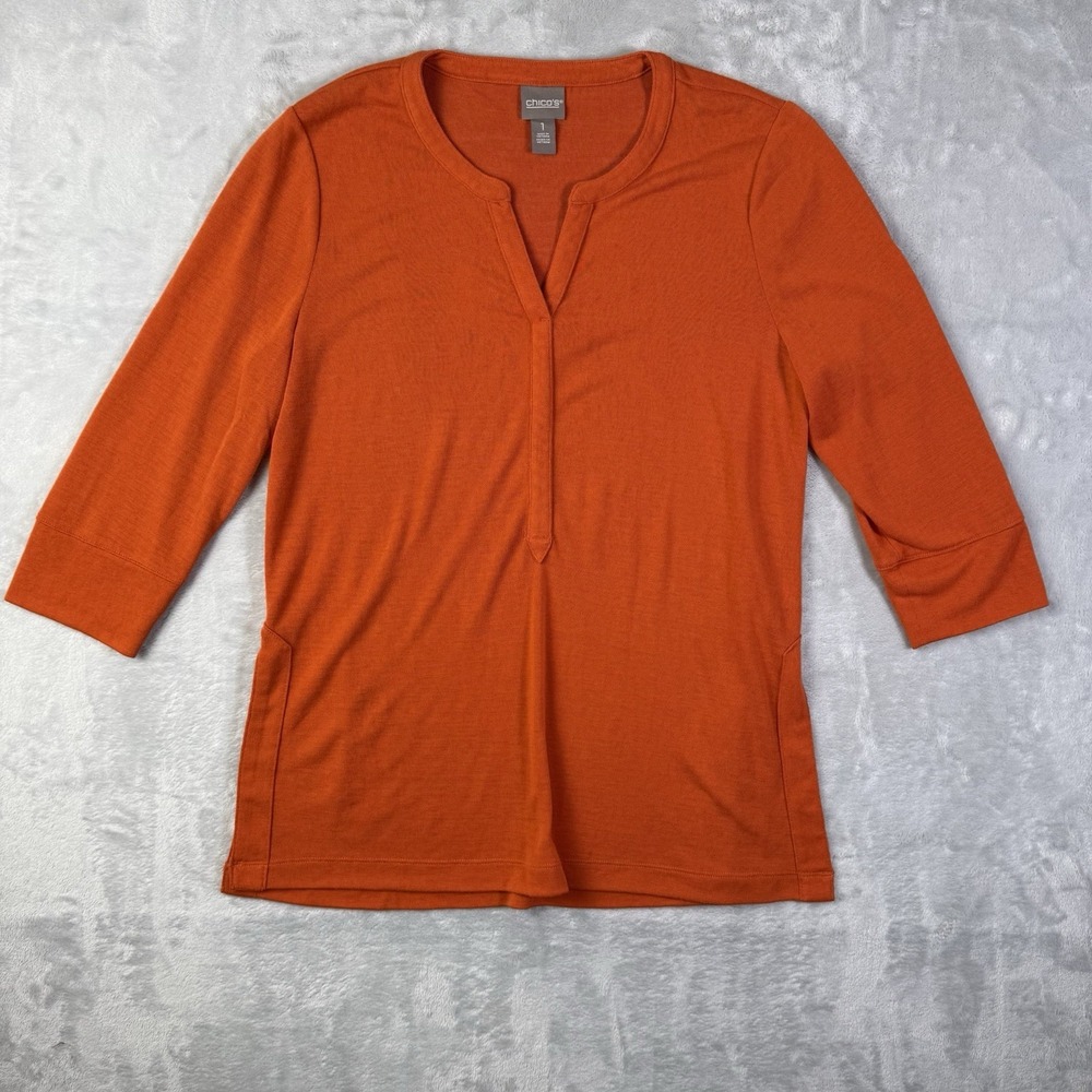 Chicos Orange Blouse Top 3/4 Sleeve Size 1 Medium Basic Classic Side Slit Spring